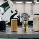 Масляный, топливный и воздушный фильтры для грузовика Isuzu на верстаке автосервиса