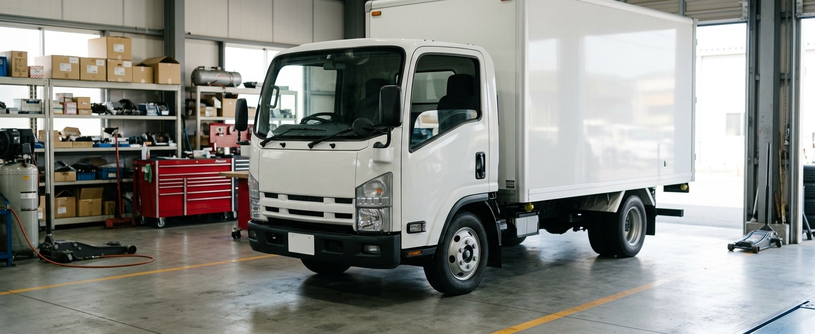 Грузовик Isuzu серии N в автосервисе с запчастями на стеллажах