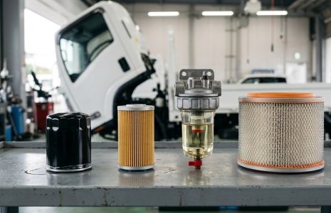 Масляный, топливный и воздушный фильтры для грузовика Isuzu на верстаке автосервиса