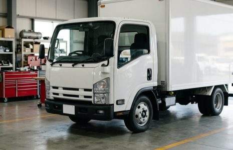 Грузовик Isuzu серии N в автосервисе с запчастями на стеллажах